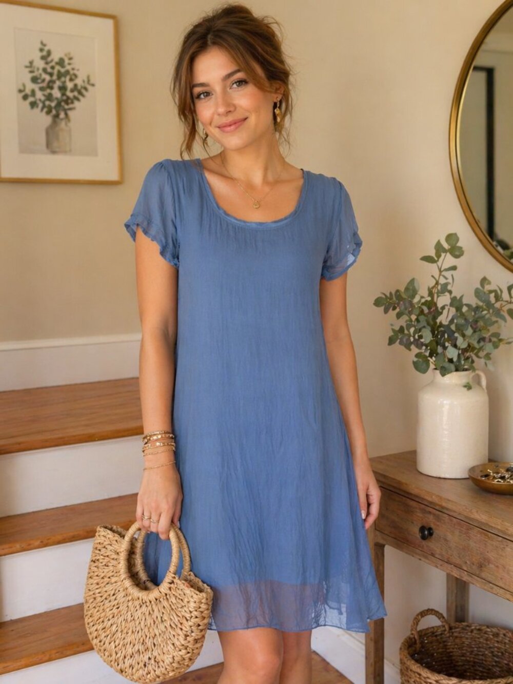 Giulia Silk Blend Boho Blue Layered Shift Dress. Size Small